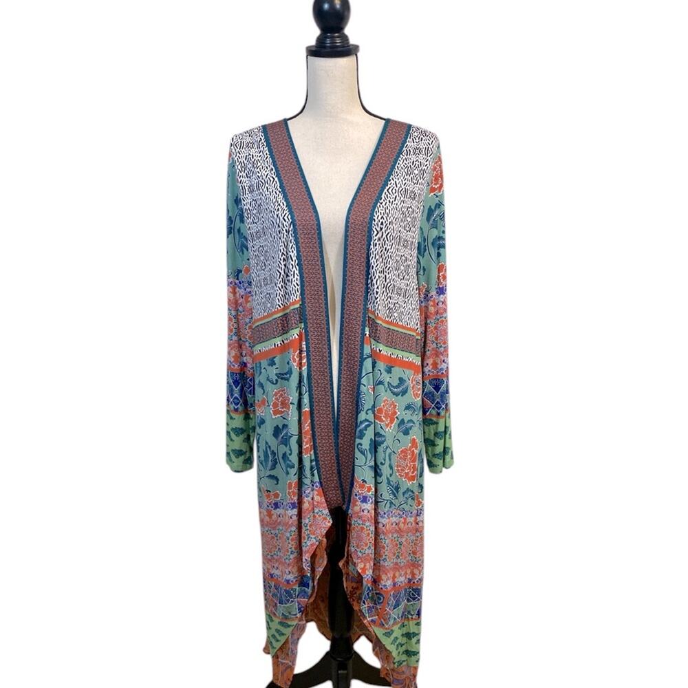 Soft Surroundings Floral Patterned Coastal Lagenlook Mixed Media Duster Medium